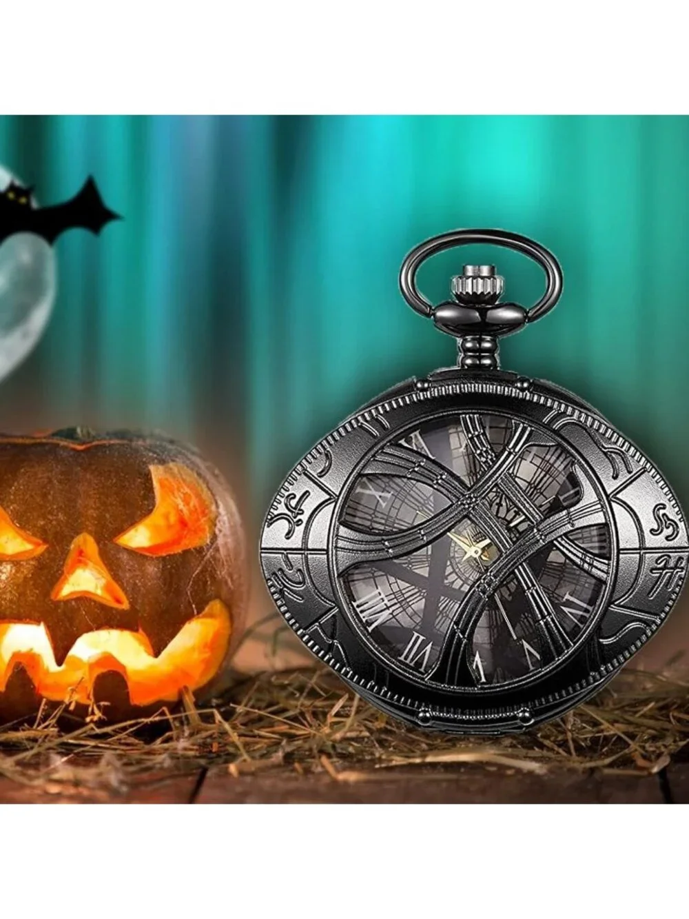 Mens Black Analog Quartz Skeleton Shape Pendant Necklace Round Case Pocket Watch
